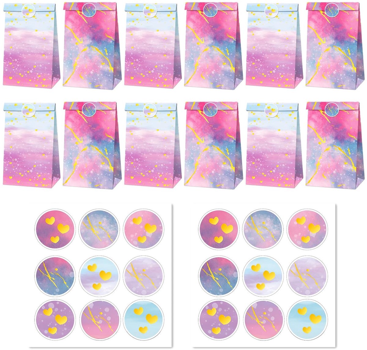 Dailygoods- Geschenkzakjes 12 Stuks - Roze/Goud - Kraftpapier - Goodiebag - Feestdecoratie - 22 x 12 x 8 cm - Magische Sfeer - Goodiebags