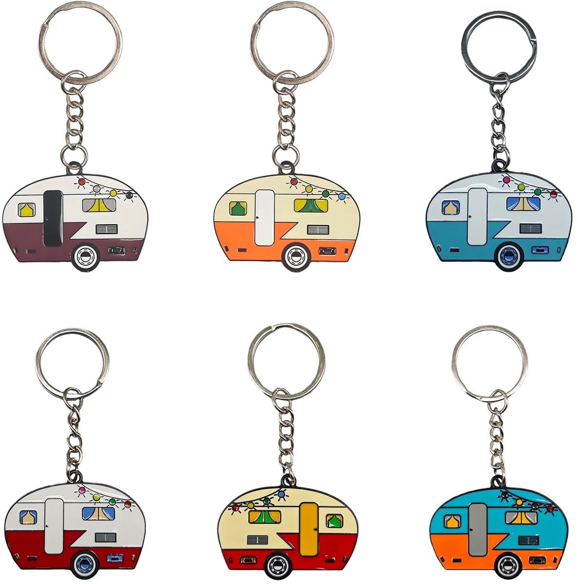 Dailygoods- Sleutelhangers 6-delige set - Robuuste metalen ontwerpen - Cartoon woonwagen - Reis/trailer thema - Duurzaam en krasbestendig - Sleutelhanger