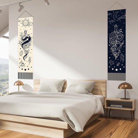 Dailygoods- Wandtapijt Set van 2 - Bohemien Slangenprint - Mystiek Wandkleed - Kwastje - 30 x 130 cm - Verticaal Design - Muurtapijt van Dailygoods — afbeelding 2