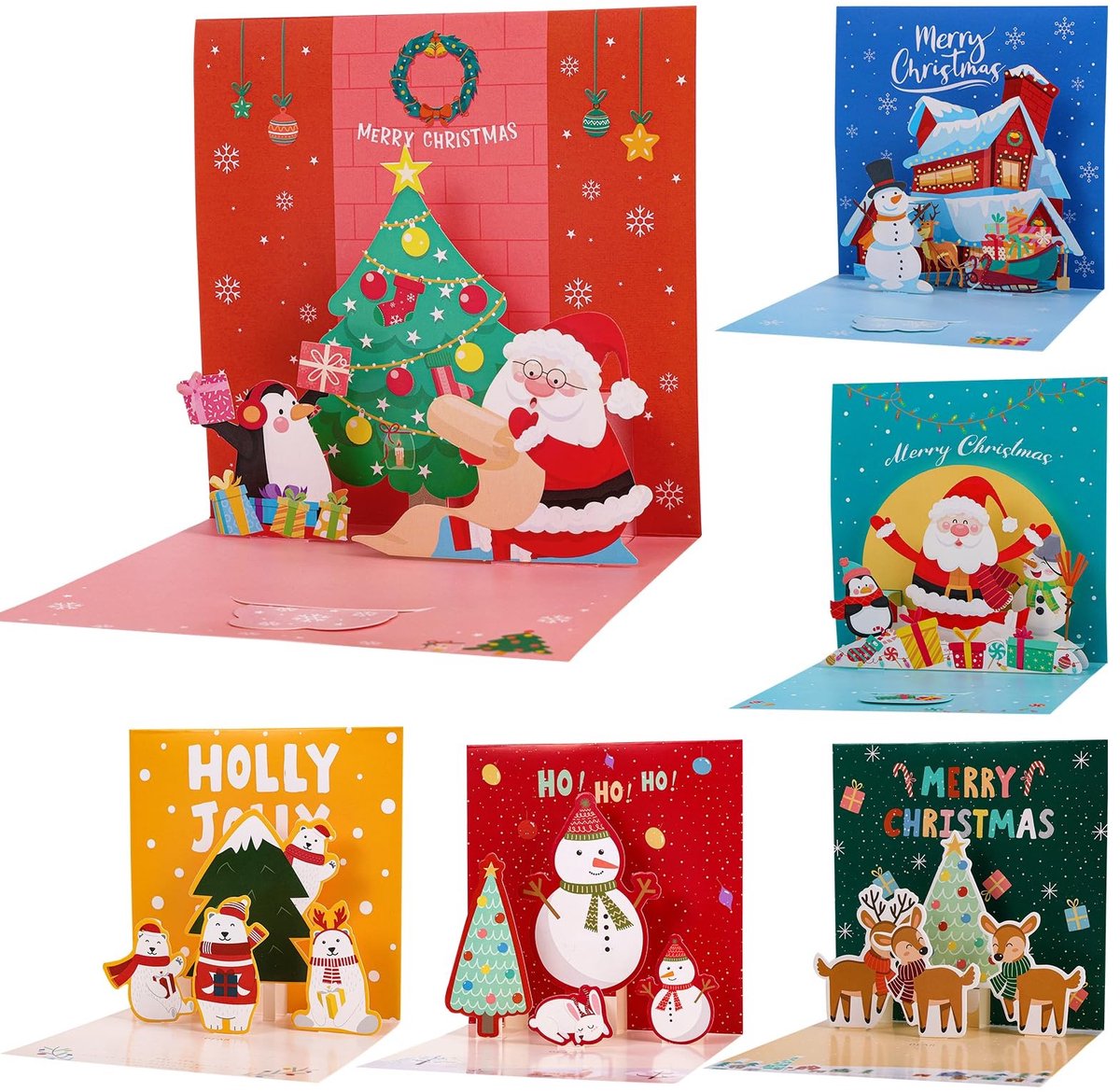Dailygoods- Kerstkaarten Set 6 Stuks - Pop-up Kerstkaarten - 3D Ontwerpen - Met Enveloppen - Vrolijk Kerstfeest - Aandenkaart voor Kinderen/Familie - Wenskaarten