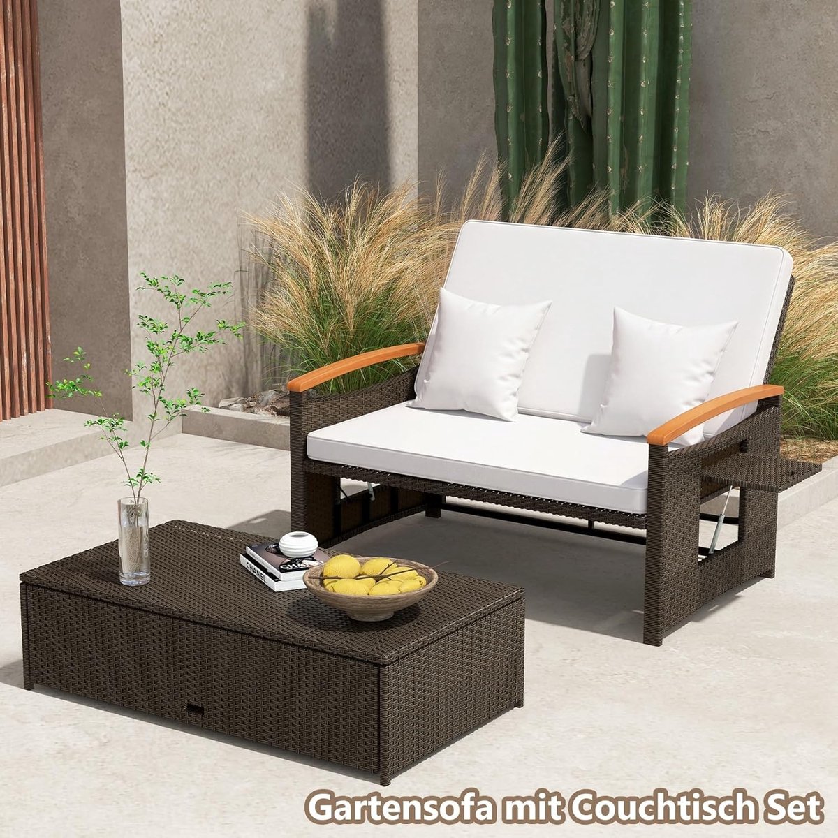 Rotan Tuinbank met Ligfunctie 164 x 72 x 88 cm 3-in-1 Dagbed voor 2 Personen, Polyrotan Loungeset met Opbergruimte, Verstelbare Rugleuning, Zijtafels en Crèmewitte Kussens voor Tuin, Balkon en Terras - Mobili Bella