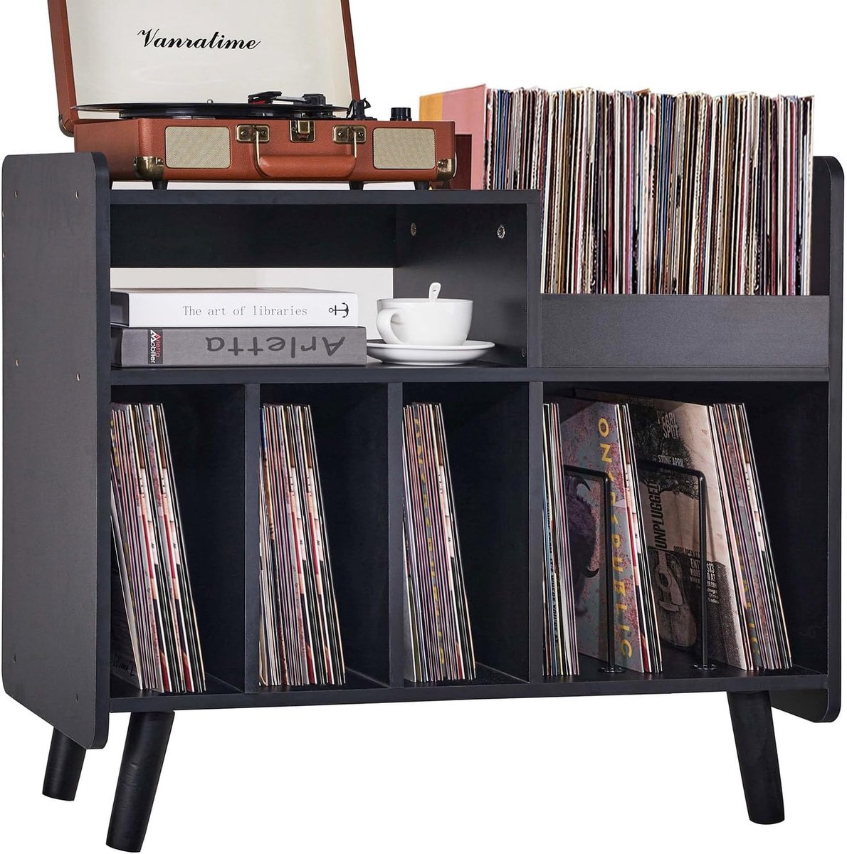 Platenspeler Tafel - Platenspeler Standaard - Vinyl Opbergkast voor 350+ Elpees - Retro Platenkast Mid-Century Modern - Vinyl Storage Meubel met Verstelbare Plank - Audiomeubel & Platenspeler Meubel - Platenhouder - Zwart