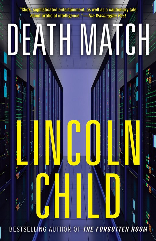 Boek kaft: Doodswedstrijd met Lincoln Child in gele letters. Serverruimte met blauwe lichten.