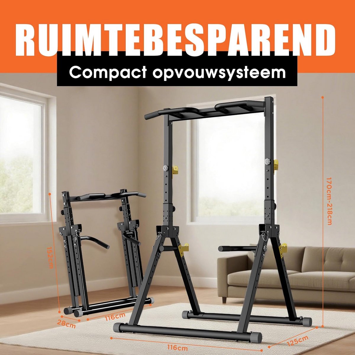 DH FitLife Opvouwbare Power Tower Dip Station | Vrijstaande optrekstang tot 150 kg met dipbars en haltersteunen | Krachtstation Krachttoren | Fitnessstation | Power Rack voor Thuisgym thumbnail 3