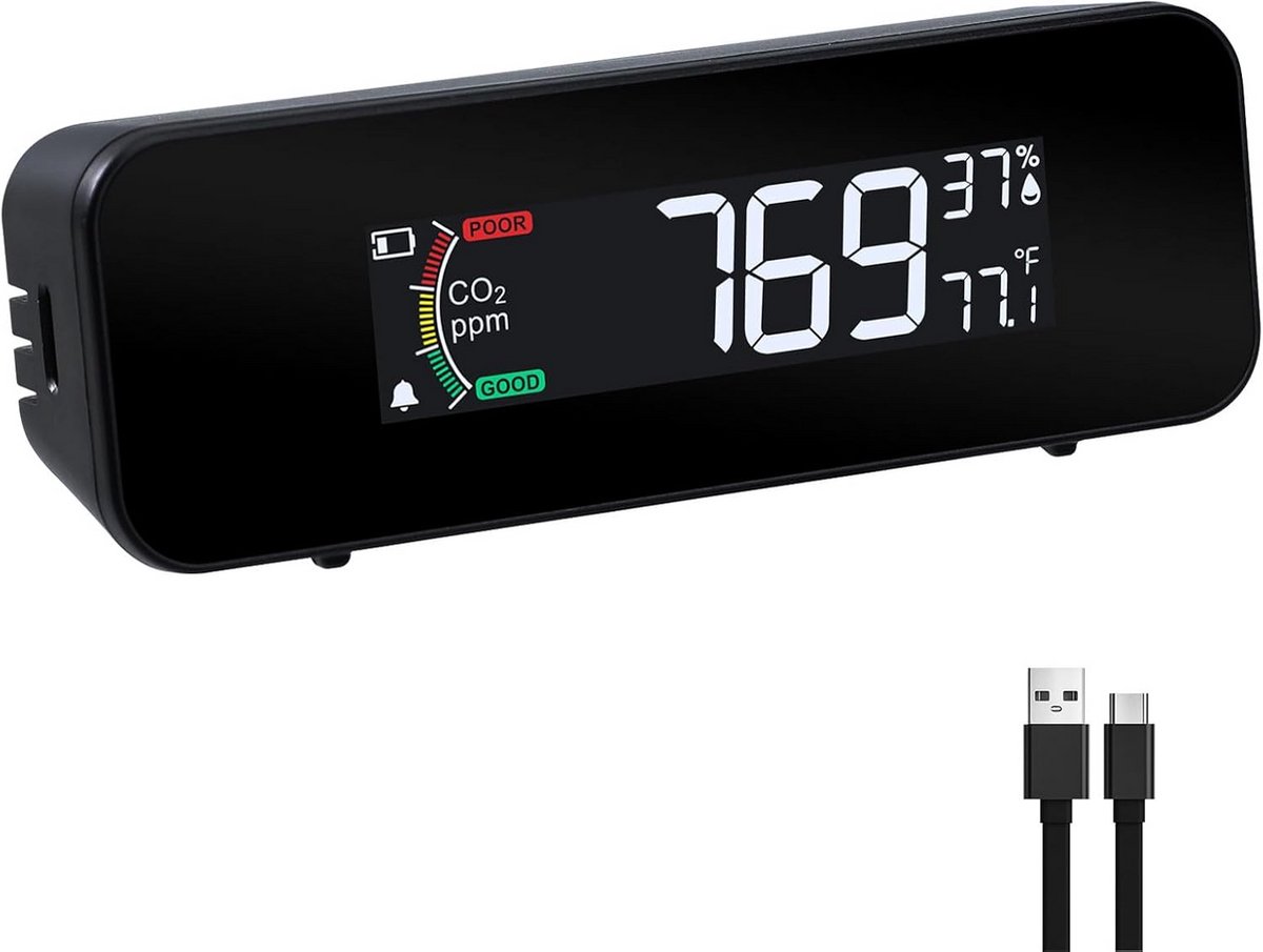 CO2 Monitor Portable CO2 Meter, 0~5000ppm Carbon Dioxide Detector Measures CO2, Temperature, Humidity, Air Quality CO2 Monitor with Indicator and Buzzer Alarm, Rechargeable CO2 Detector for Travel