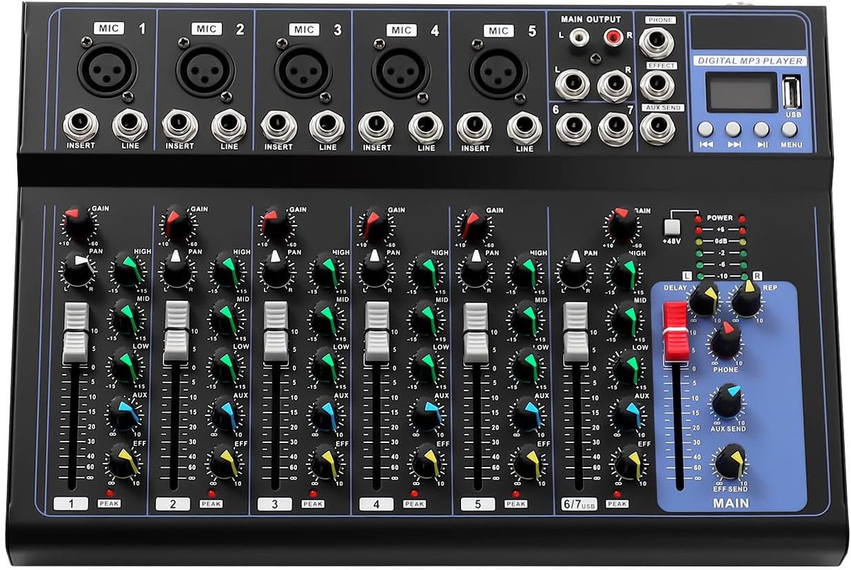 Audio Mixer - Geluidsconsole - Muziek Maken - 7 Kanalen - 33 cm - Zwart