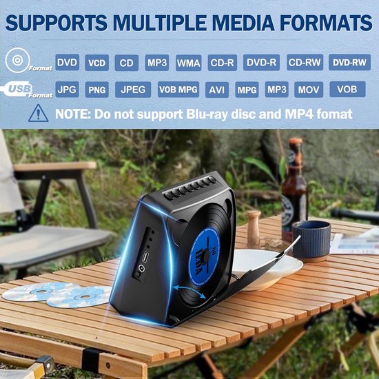 Portable Car DVD Player, 7 Hours Rechargeable Battery, Support CD/DVD/Bluetooth/USB/MP3/AV, Built-in CD/DVD Player with Two Speakers (Black) — afbeelding 4
