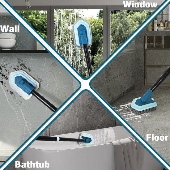 JEHONN Scrubber with Handle, Cleaning Brush for Bathroom with Telescopic Rod, 130 cm, 4 Different Sponge Brushes for Patio, Tiles, Bathtub (Blue) — afbeelding 4