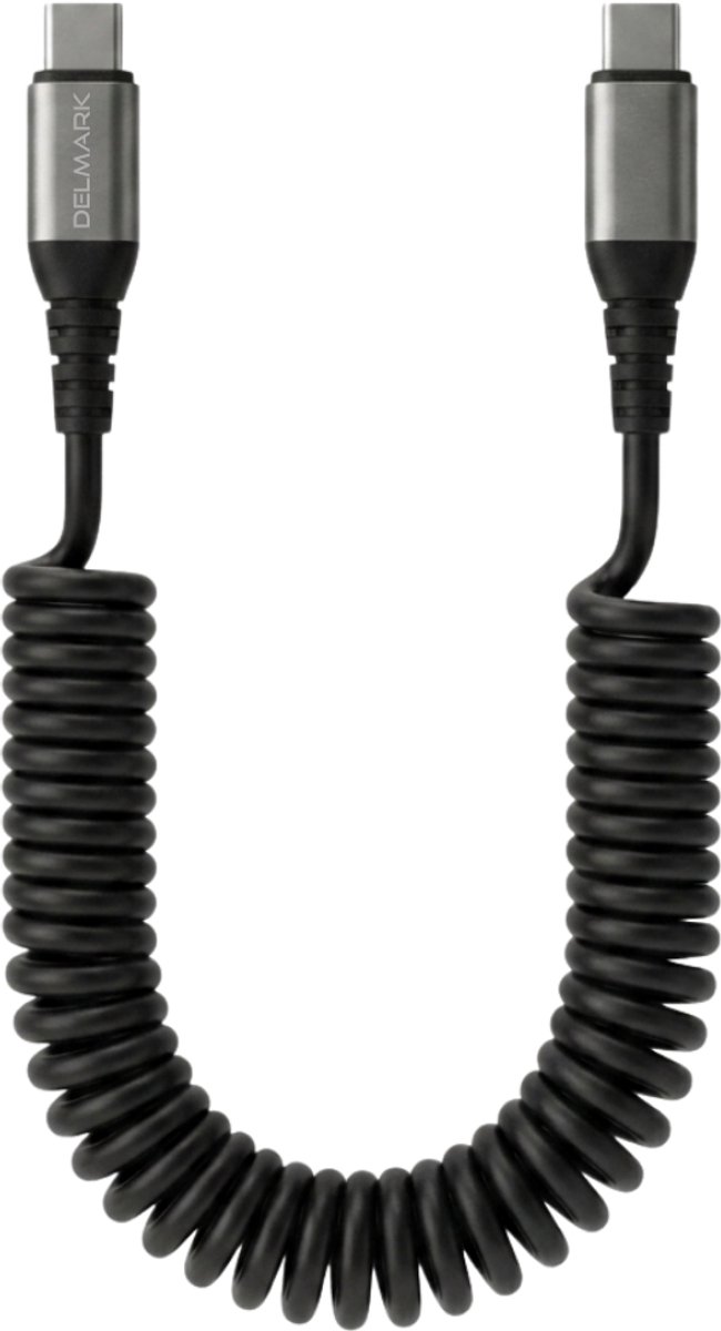 Delmark Krulsnoer USB-C naar USB-C Kabel – 66W Fast Charging Spiraalkabel – 3A Quick Charge & PD – Elastische Krulkabel – Grijs/Zwart