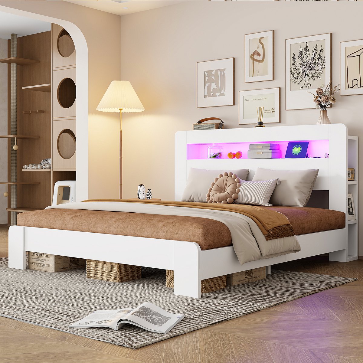 HAUSS SPOLE Houten Bed 180x200 cm - Met Opberghoofdbord, Verlichting en Stopcontacten - Zonder Matras - Wit