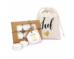 Juf Cadeautje - Stoffen zakje Juf - Kraft doosje met waxinelichtjes - De beste juf dat ben jij - Juffendag - Afscheid Basisschool - Juffrouw kado