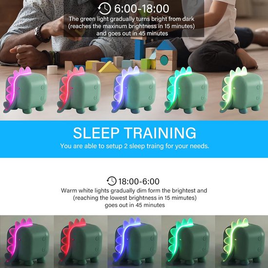 Kinderwekker Dinosaurus - Slaaptrainer Zonsopgang - Kinderen Leren Klokkijken - Met Slaaptraining Functie - 2286 cm Breed - Groen — afbeelding 5