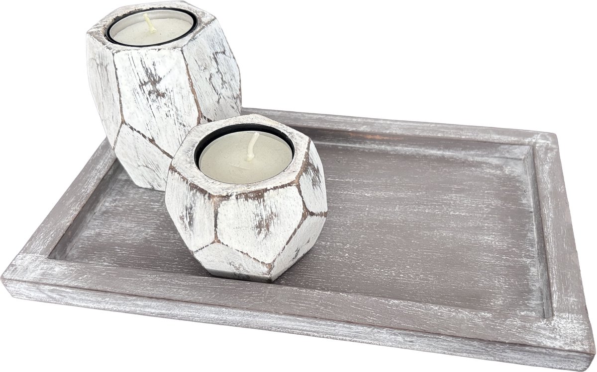 Woodart diamant set waxinehouders op onderschaal 15x25 antique white