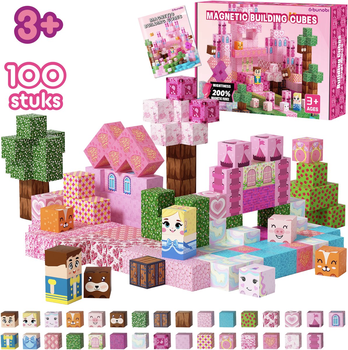 Bunobi® Magnetisch Speelgoed Prinses Kasteel – Magnetic Cubes 100 Stuks – Magnetische Bouwstenen - Magnetische Blokken – Montessori Speelgoed – Magneten Speelgoed