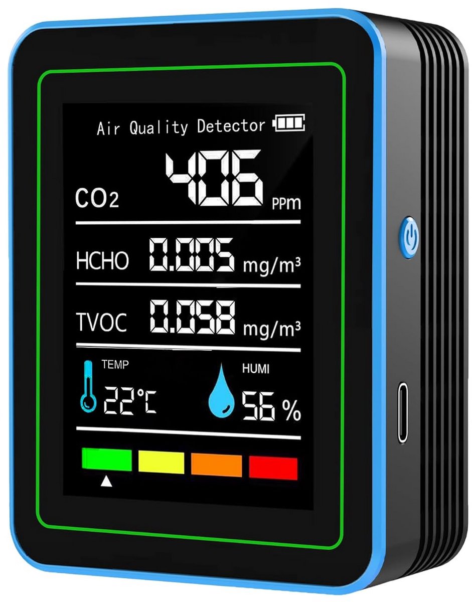Luchtkwaliteitsmonitor - Binnenluchtmeter - Gezondheid Bewaken - 5-in-1 Sensor - 9 x 7 x 3.5 cm - Zwart
