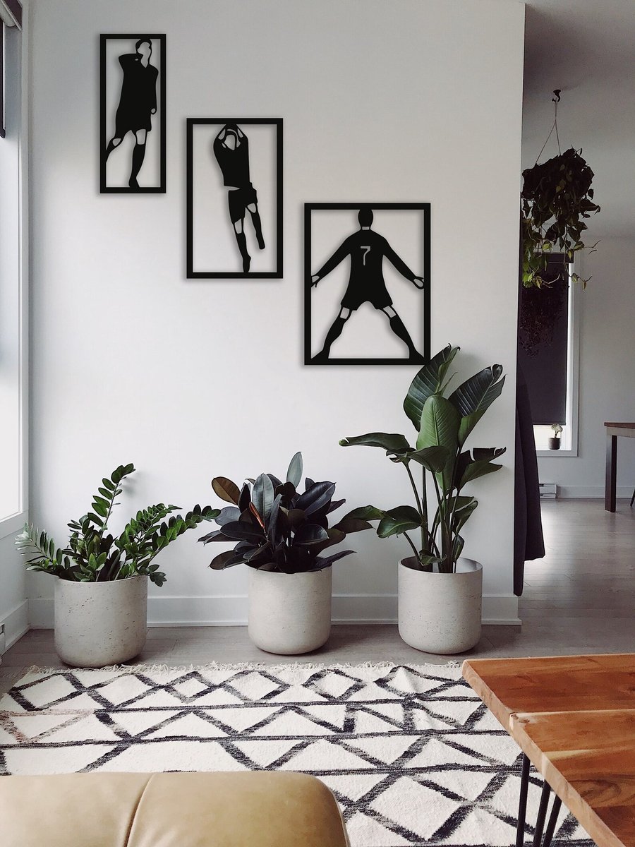Voetbal Wanddecoratie XL Set van 3 – Houten Muurdecoratie Voetballers – Zwart MDF – 120x100 cm - Cristiano Ronaldo