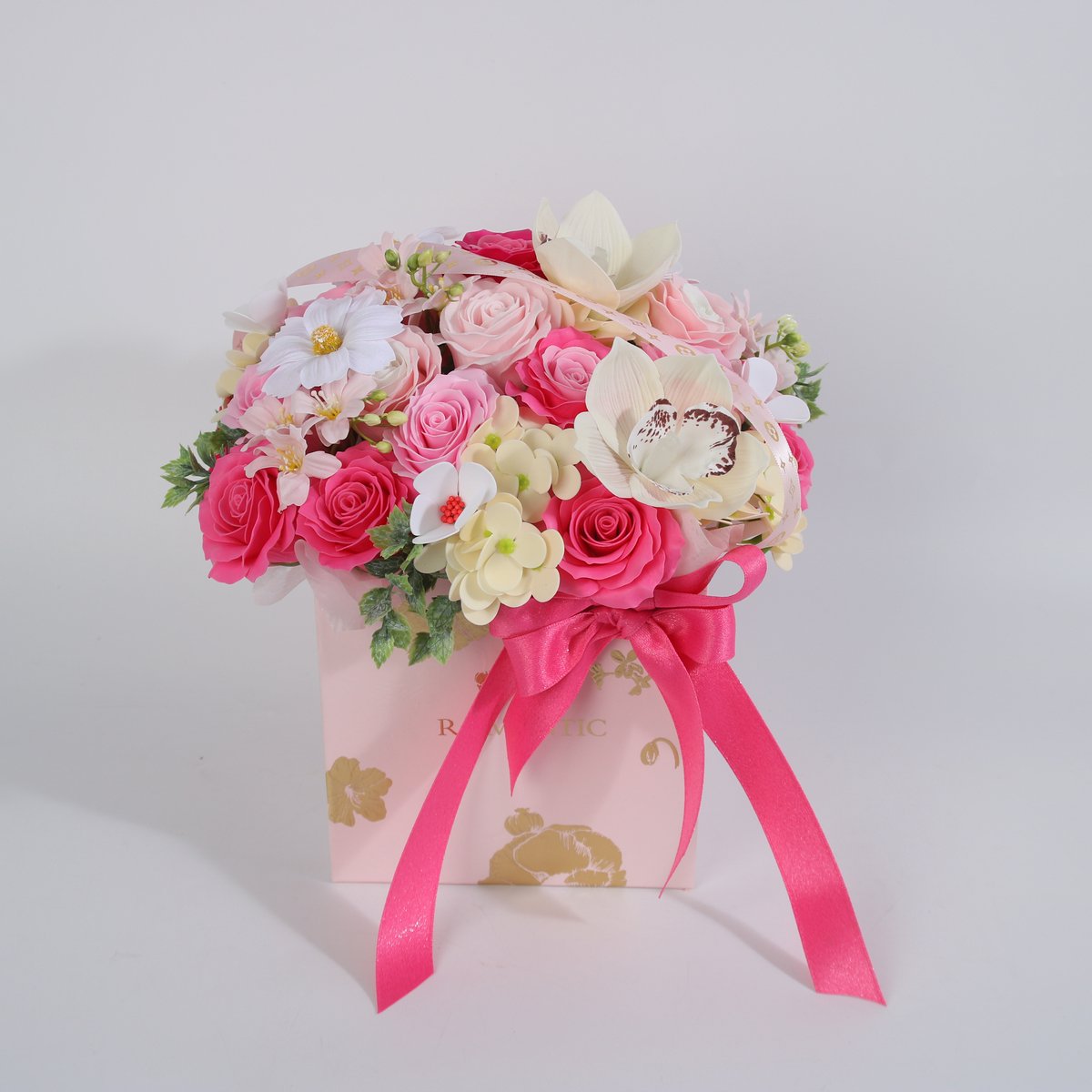 La Roselle Amsterdam Luxe Bloemenbox met Roze Kunstrozen, Orchidee en Margrietbloemen – Decoratief Bloemstuk in Cadeaubox