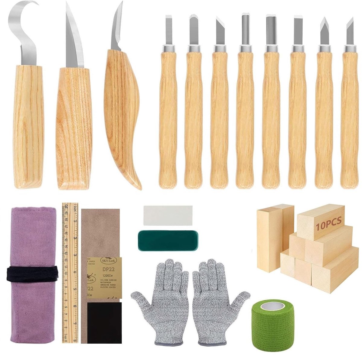 Dailygoods- Houtsnijgereedschap 30-in-1 Set - Houtsnijblokken - Lepelmes/Schilmes - Kerfmes - Snijbestendige Handschoenen - Hoogwaardige Messen - Houtsnijset