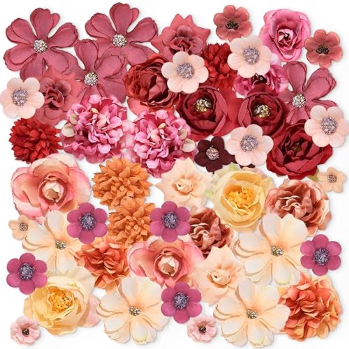 50 stuks Mini Kunstbloemkoppen Rood-Oranje, Kunstbloemen om te Knutselen Zijdebloemen voor Lentedecoratie Binnenshuis DIY Bruiloft Feest - PromoHome