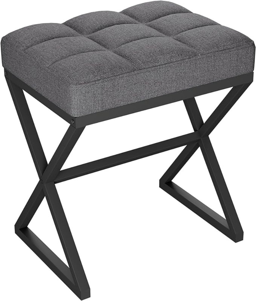 Verte Voetenbankje - Kaptafelkruk - Voetensteun van Linnen - Vierkante Poef met X-vormige Metalen Poten - Make-upkruk voor Kaptafel - Woonkamer - Slaapkamer - Hal - 40×30×46 cm - Grijs