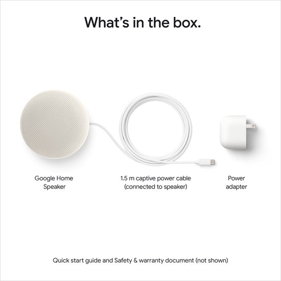 Wat er in de doos zit: een Google Home speaker, een 1,5 m stroomkabel en een adapter.