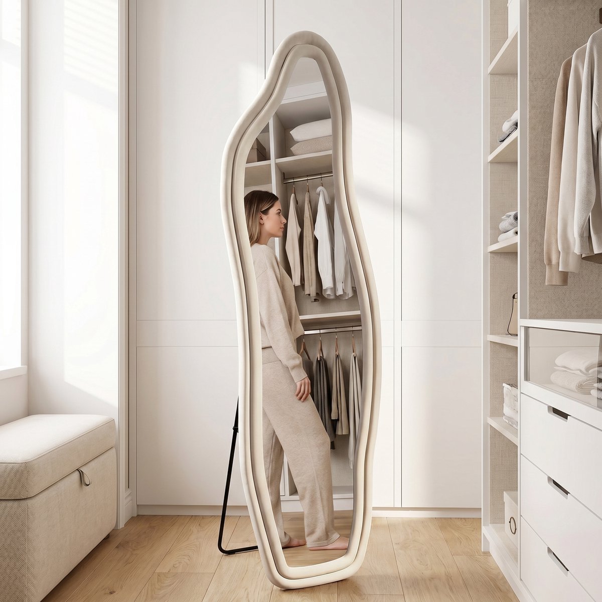 Onregelmatige Staande Spiegel 140 x 45cm, Slaapkamer Vloerspiegel, Golvende Spiegel met Fluwelen Rand, Wandspiegel, Controleer je Outfit, Make-up Details (Wit, 140x45cm)
