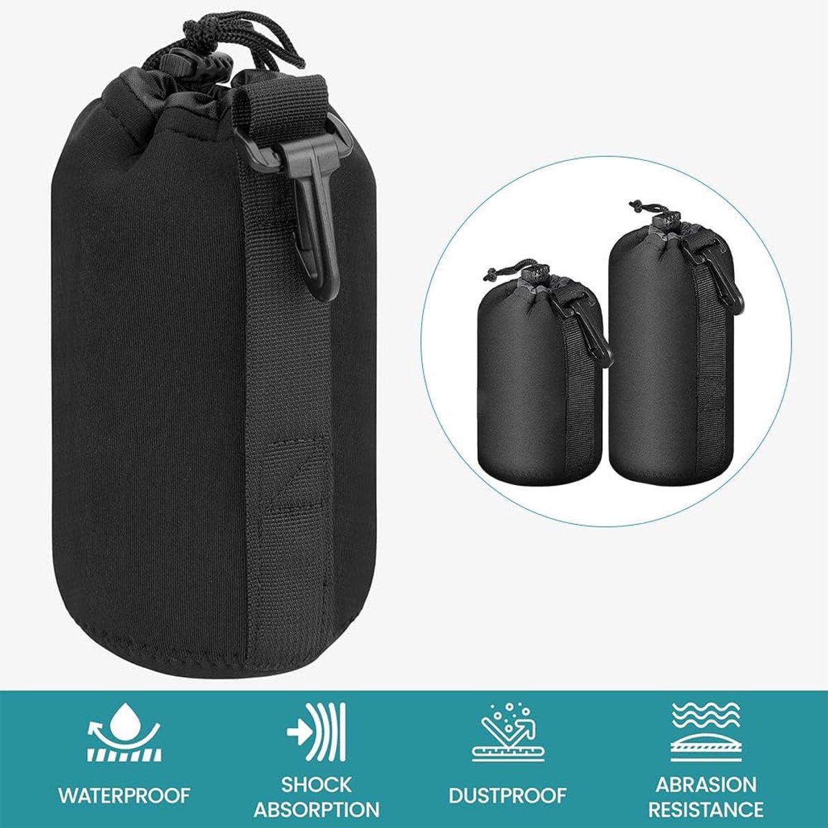 Lenszak, lenstas, lenshoes, waterdichte tas voor lens en camera, trekkoord, Zwart, 2PC(M.L) thumbnail 3