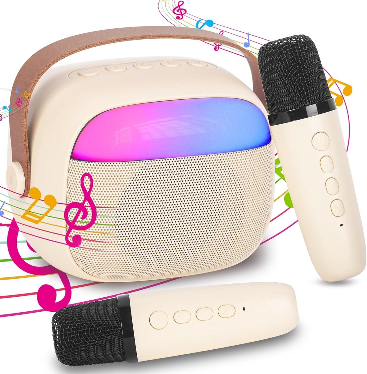 Sander Shop Professionele Karaoke Compleet, Draagbare Bluetooth Karaoke Speaker met 2 Microfoons en Lichten Kinder- en Volwassenenfeestjes, Verjaardagsgeschenken voor Meisjes, Jongens en Familiefeestjes thuis(Beige)
