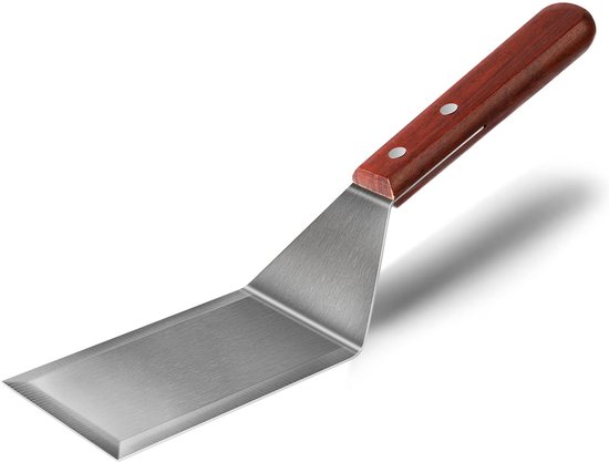 Spatule avec lame en métal et manche en bois, sur fond blanc avec ombre.