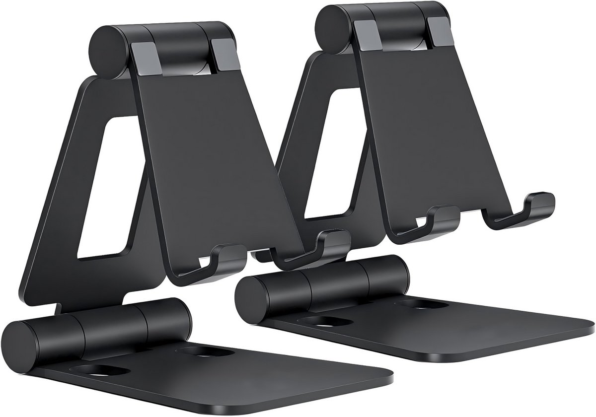 Faltbare Telefoonhouder 2 Stuks – Aluminium Smartphone Standaard Verstelbaar & Rutschfest – Universele Mobiele Telefoon Houder voor Bureau, Thuis & Reizen – Geschikt voor 4–8 inch Smartphones – Zwart & Zilver