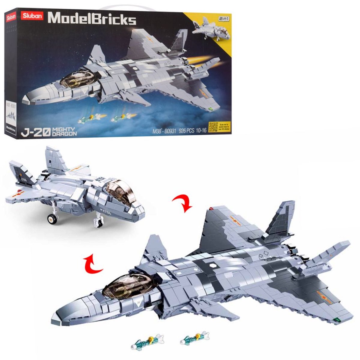 Sluban ModelBricks J-20 Fighter Mighty Dragon bouwspeelgoed vanaf 10 jaar – constructiespeelgoed modelbouw – bouwdoos met 926 bouwstenen – M38-B0931