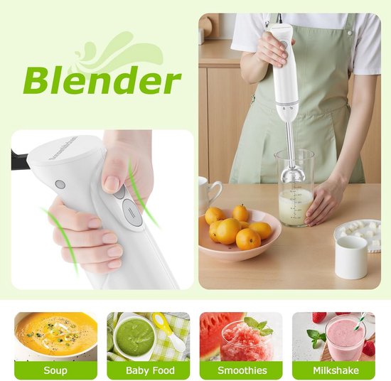 Staafmixer Set - Keukenmixer Hand - Eten Bereiden - Krachtige 1000W Motor - 500ml Hakmolen - Wit — afbeelding 4