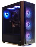 Zwarte pc-behuizing met glazen zijpaneel en RGB-verlichte ventilatoren aan de voorkant.