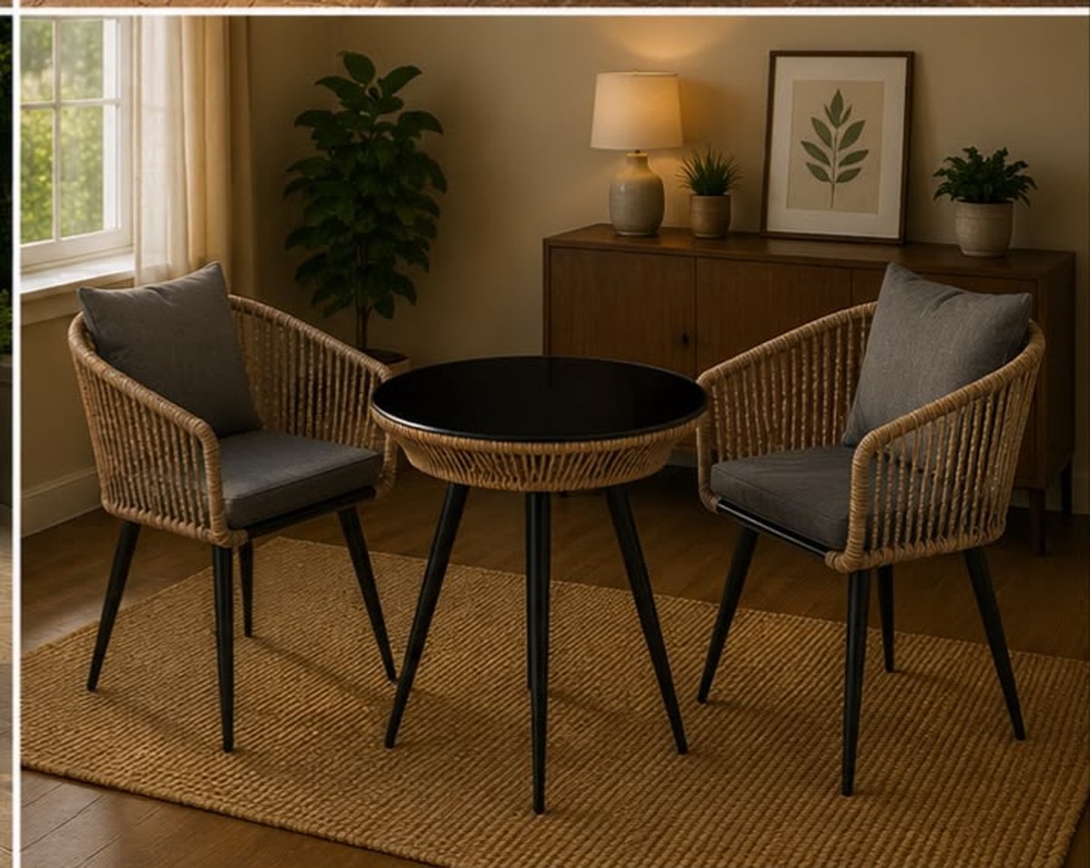 Tuinmeubelset met Ronde Tafel Ø120 cm – 2 Persoons Polyrotan Eetset met Glazen Tafel en Comfortstoelen – Weerbestendige Balkonset voor Tuin, Terras en Veranda – Bruin/Grijs – Mobili Bella