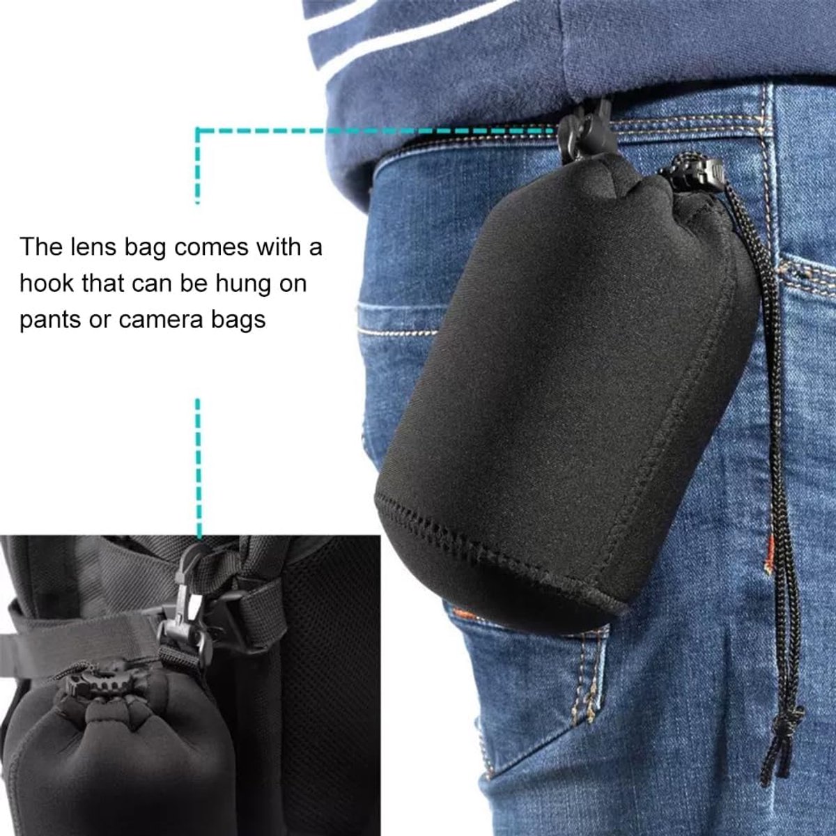 Lenszak, lenstas, lenshoes, waterdichte tas voor lens en camera, trekkoord, Zwart, 2PC(M.L) thumbnail 2