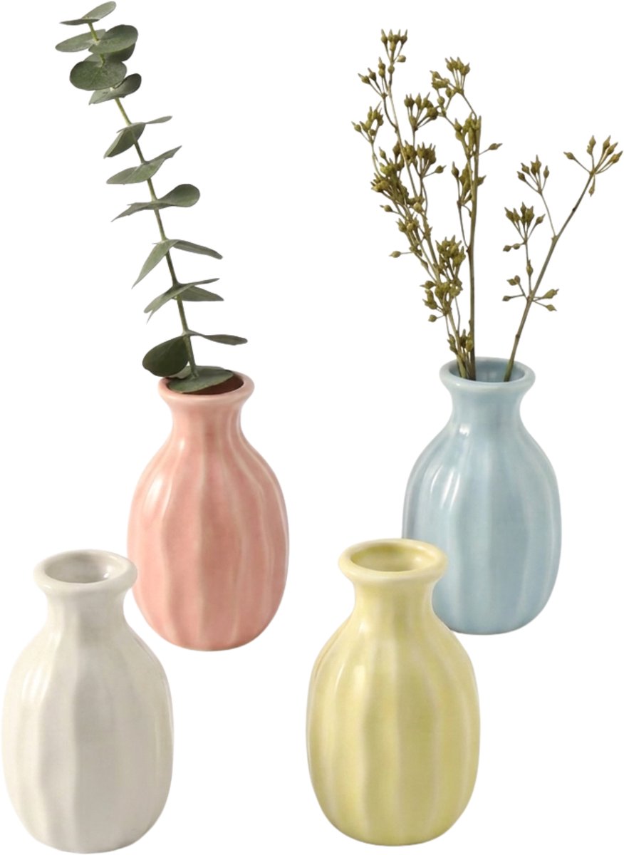 Stervia Mini Keramische Vazen - Set Van 4 - Pastelkleuren - Zomervazen - Decoratievazen - 4.5 x 7.7 cm Pastelblauw
