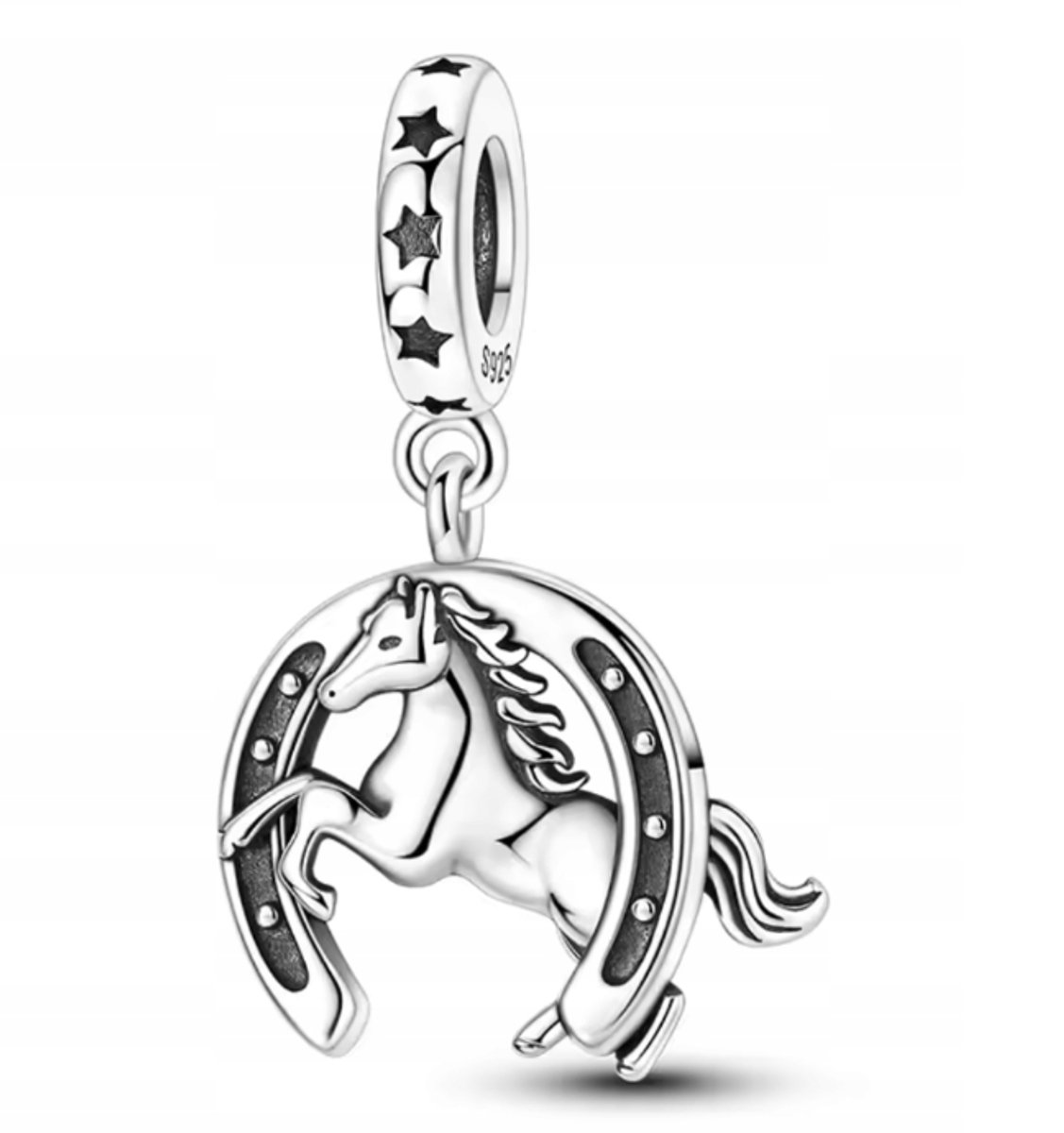 Fler® | Bedel | Past op populaire bedelarmbanden (standaard - 3mm) | Gelukspaard & Hoefijzer Bedel | Hangbedel Charm | 925 sterling zilver | Zwarte emaille | Valentijnsdag Cadeau | Sinterklaas kado | Kerstcadeau | Verjaardagsgeschenk | Vriendschap