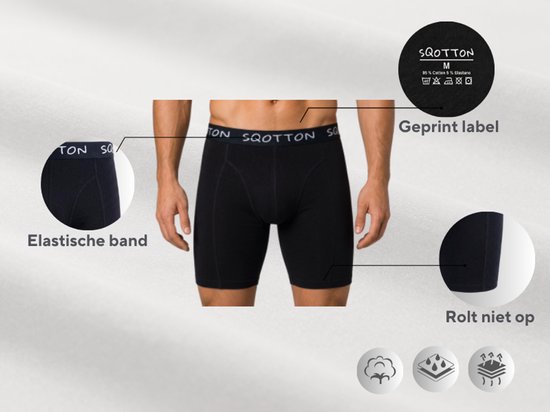 Zwarte SQOTTON boxershort met elastische tailleband die niet oprolt. Geprints label en elastische band.