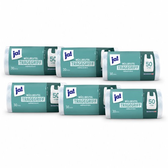 Six rouleaux de sacs poubelles Ja!, 50 litres, avec poignées, 30 pièces par rouleau.