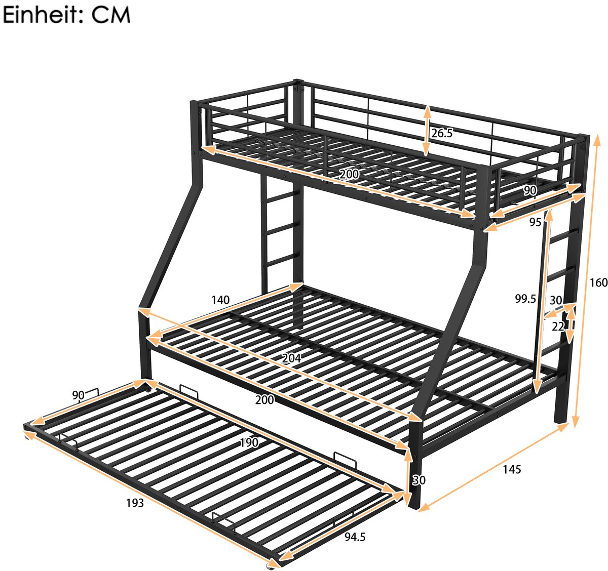 Solvenrik Metalen Stapelbed 90/140x200 cm met Uitschuifbed – Dubbele Ladder – Zwart
