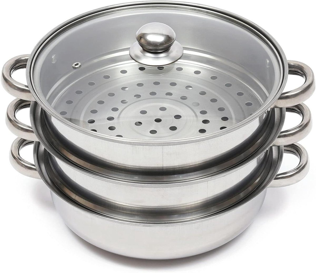 Stoompan 3 niveaus - Stoomkoker set - Gezond koken - Roestvrij staal - 28 cm - Zilver