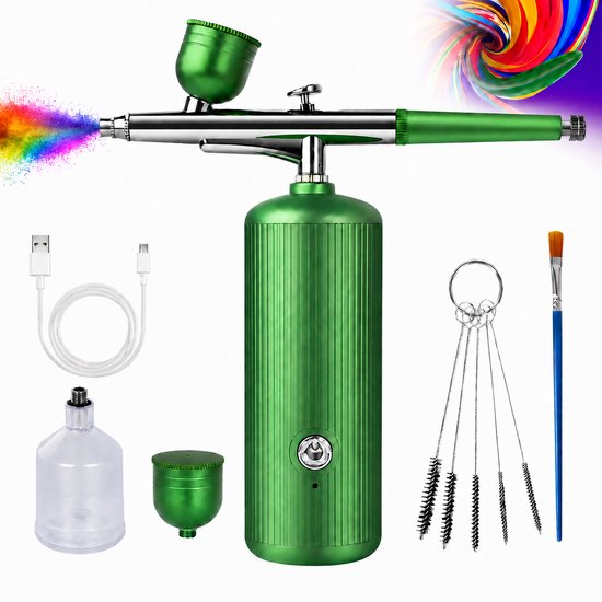 Airbrush Set Draadloos - Mini Compressor 3 Standen - Oplaadbare Verfspuit - 1200mAh Batterij - Hoge Druk en Fijne Verneveling - Inclusief Nozzles en Reinigingsborstel - Voor Make-up Nagels Modelbouw - Groen