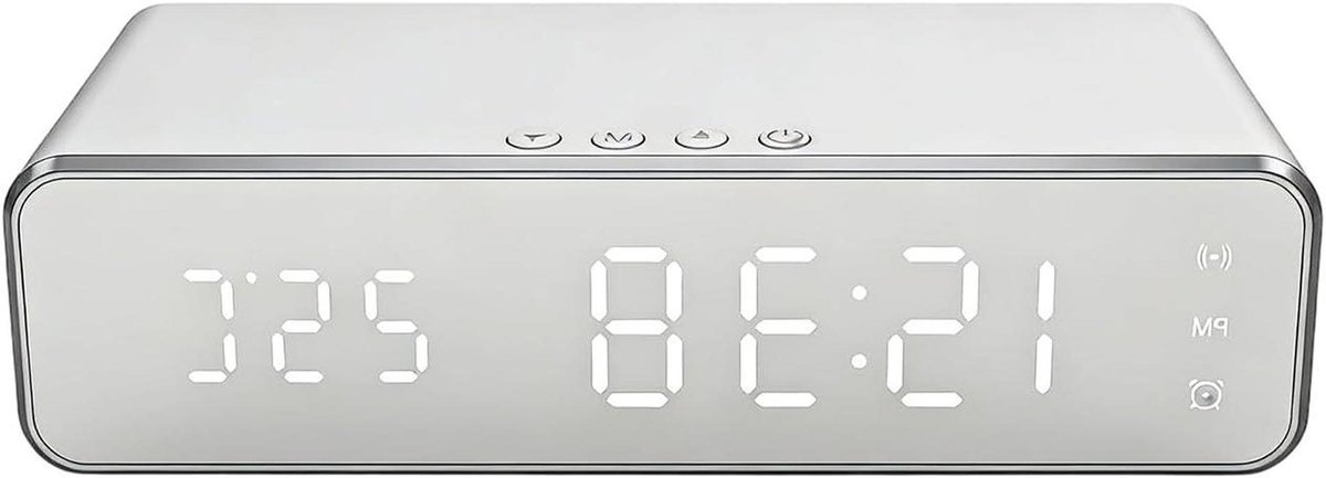 Wekker met lader - Telefoonstandaard klok - Opladen en tijd - Draadloos opladen - 16x7.5x4cm - Zilver