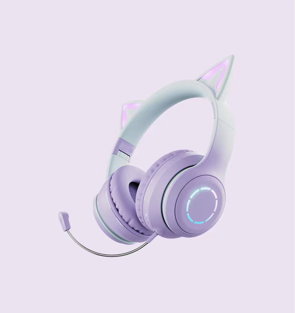 Draadloze hoofdtelefoon voor kinderen, kinderhoofdtelefoon met LED-licht en kattenoor voor meisjes, Bluetooth-headset met afneembare ruisonderdrukkende microfoon en ingebouwde microfoon voor