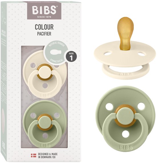 Emballage de deux sucettes BIBS, crème et vert sauge, taille 1, à côté d'une sucette crème et d'une sucette vert sauge présentées.