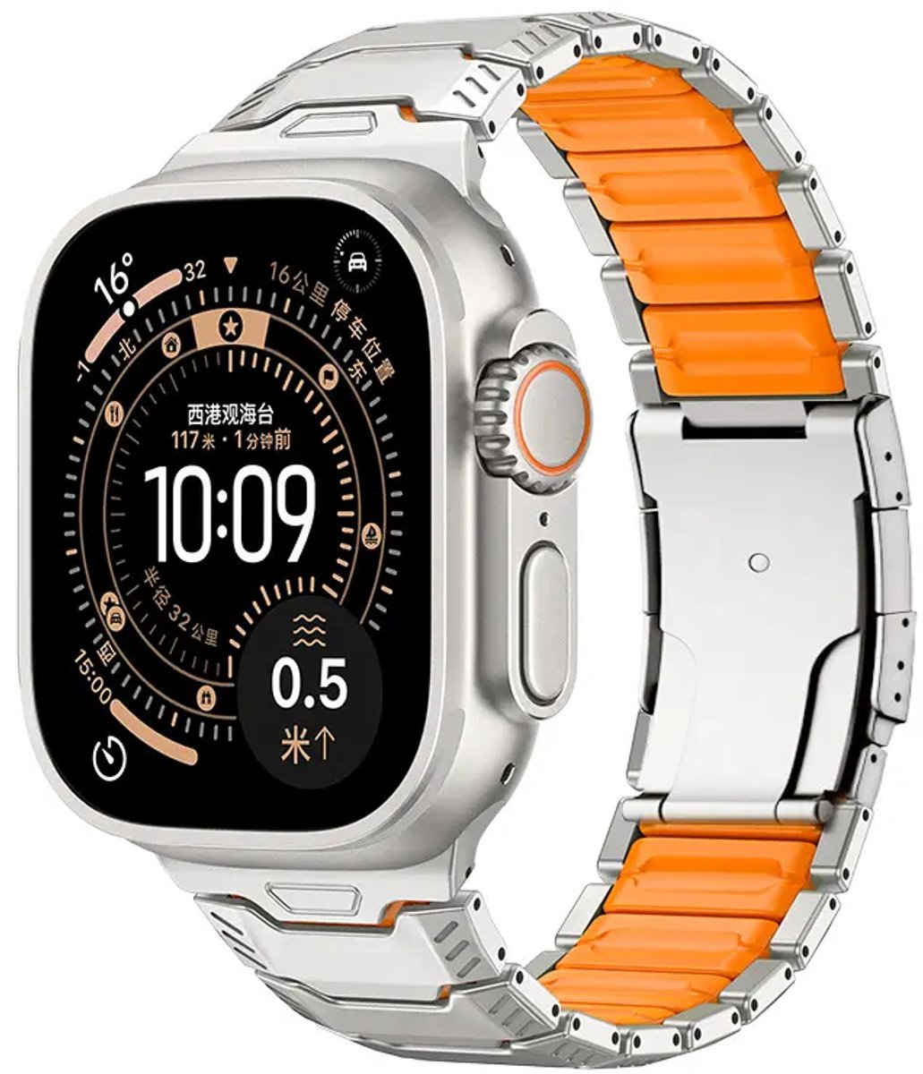 Strap-it Titanium mecha hybride band geschikt voor Apple Watch 1/2/3/4/5/6/7/8/9/10/11/SE/SE2/SE3/Ultra (2/3) - Maat: 44/45/46/49mm - Titanium/Oranje