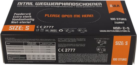 Doos DULA nitril handschoenen, zwart, maat S. Met "SIZE: S" en "100 STUKS".