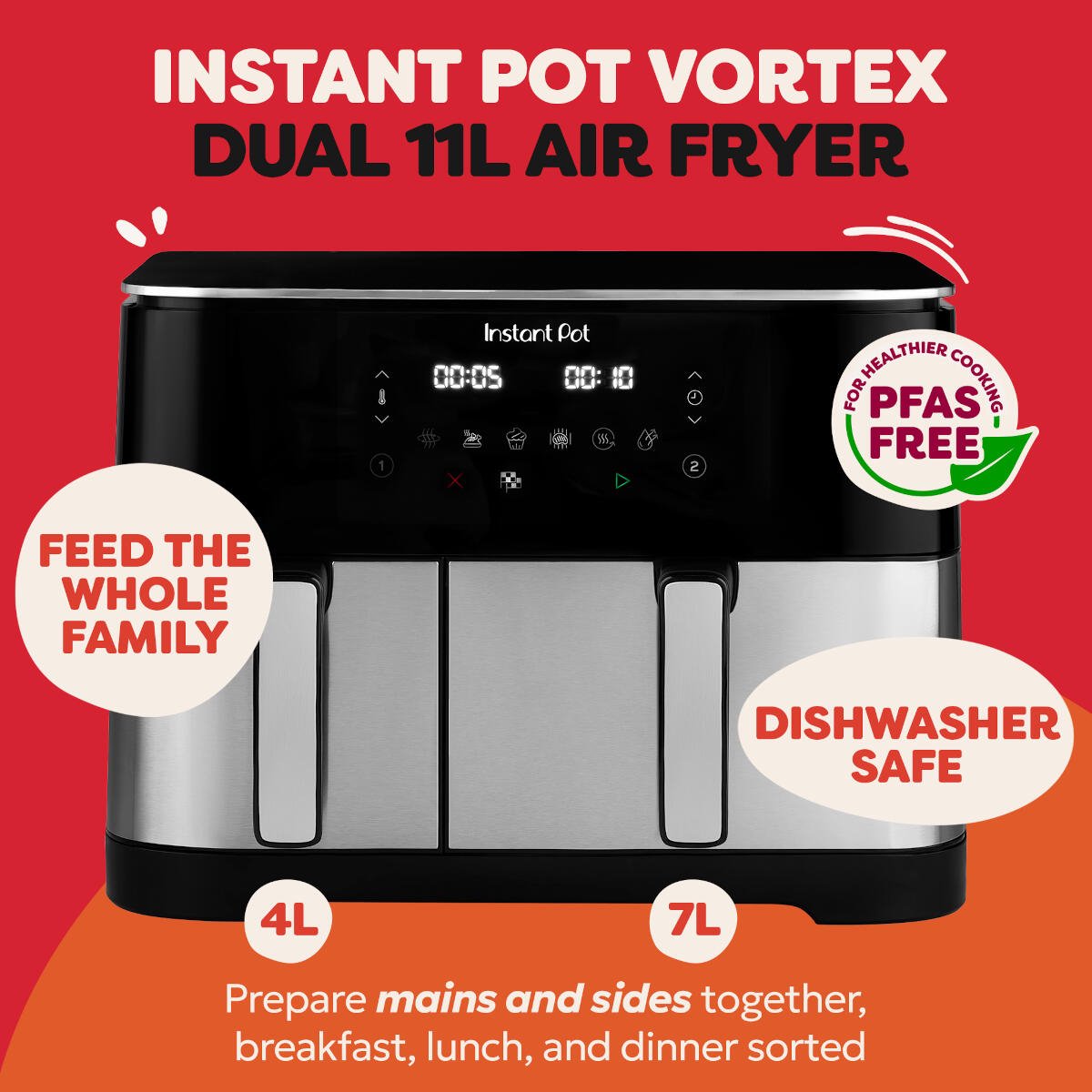 Instant Pot Vortex Dual 11L PFAS-vrije Airfryer - Dubbele mand 7L + 4L - 8-in-1 kookfuncties - EvenCrisp™ Technologie - SyncCook™ & SyncFinish™ - Snelle energiezuinige airfryer voor het hele gezin thumbnail 4