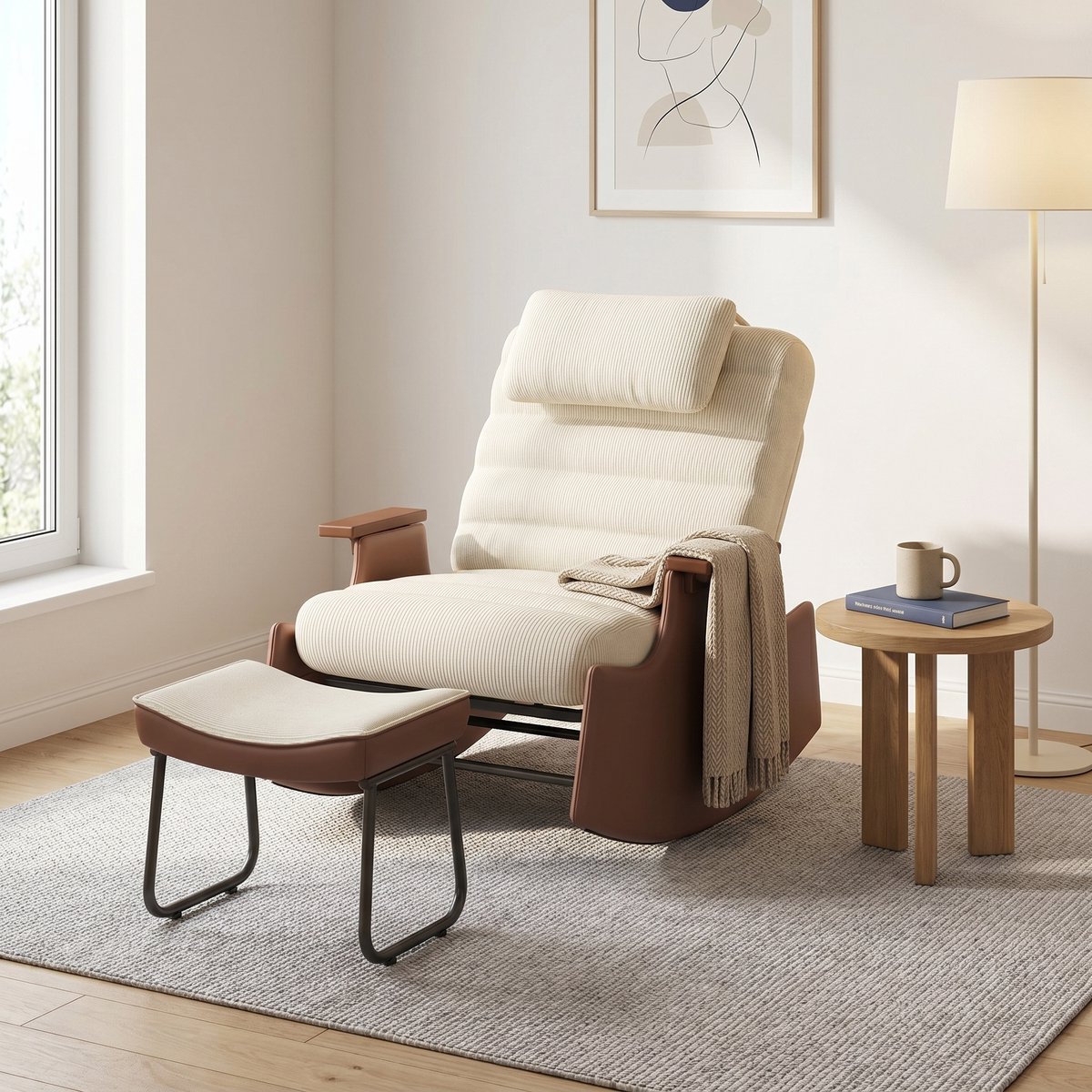 Schommelstoel met Voetenbank - 3 standen Verstelbare Rugleuning - Ribfluweel en Metaal - Moderne Stijl - Beige