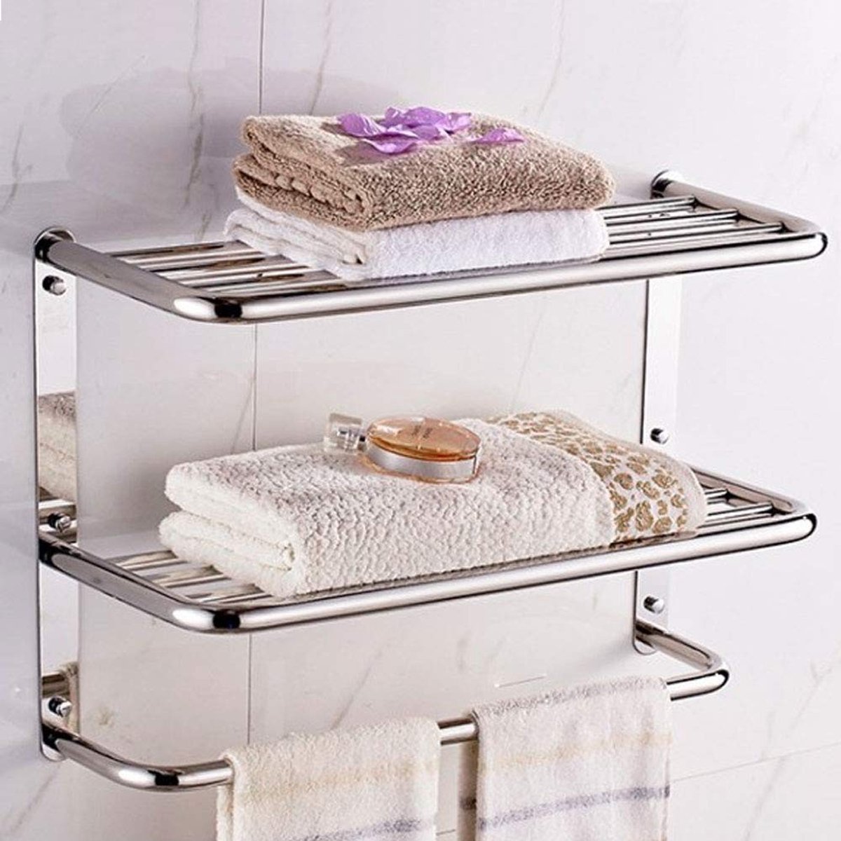 Dailygoods- Handdoekhouder roestvrij staal - 3 niveaus - Ruimtebesparend - Voor badkamer/keuken - Eenvoudige installatie - 55 x 45 x 21 cm - Badkamerrek